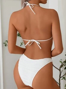 New Solid Color Wavy Floral Accent Fashionable Sexy Halter Two-Piece Bikini Set Swimwear For Women, For Summer Beach Vacation