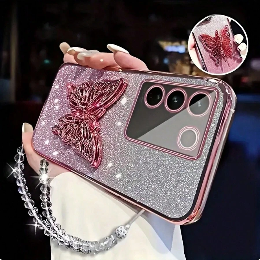 1 件渐变闪亮蝴蝶支架手机壳带水钻挂绳，兼容 Galaxy S21 Ultra 5G、16 Pro Max、Spark Go 2024/Infinix Smart 8、Edge 30、Redmi Note 14 Pro+ 5G、Honor 50 防水防震防摔防刮 - 粉色 - 查看 1