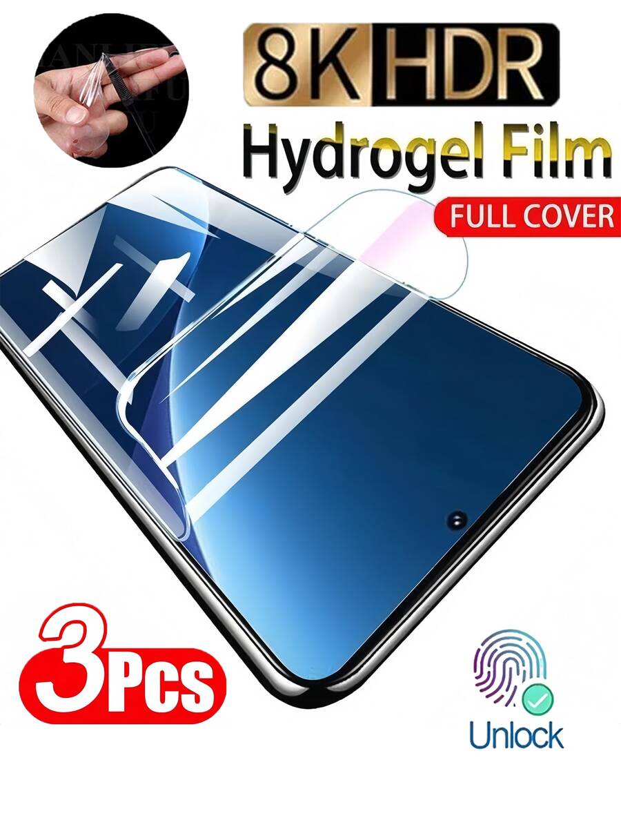 三片装全覆盖水凝胶屏幕保护膜，适用于三星 Galaxy、Redmi、荣耀等机型。易于粘贴，支持指纹解锁。软膜（非钢化玻璃）