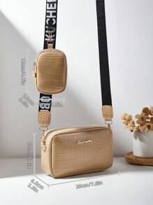 极简主义女士时尚人造皮革休闲多功能 V 型印花鳄鱼纹母女手提包、通勤运动迷你方包、相机包、波浪花包、户外旅行工作轻便可折叠单肩包、零钱包、化妆包、钱包、情人节个性化礼物 - 卡其色 - 查看 4