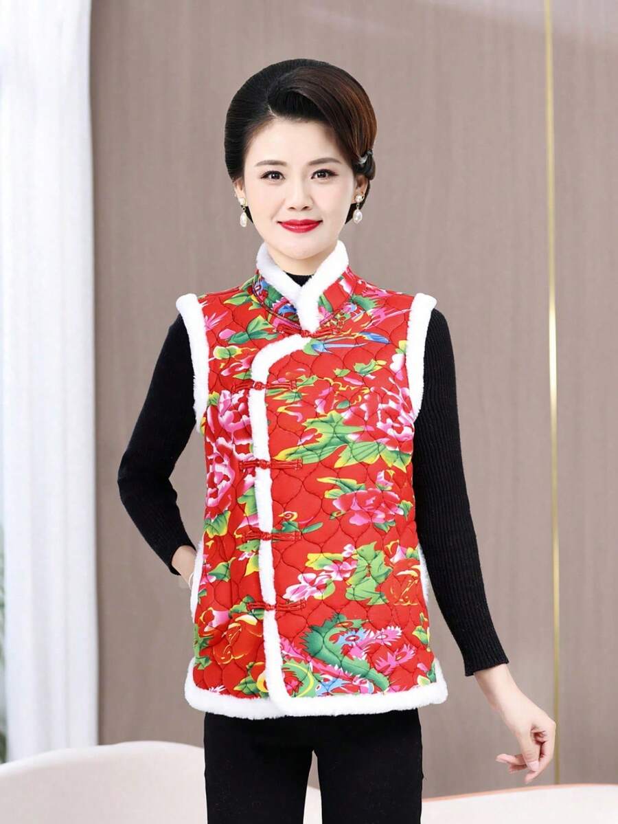 JSZ&WM 中国风,花卉,满版印花,中等厚度,仿羊毛面料,立领,2025,春/秋,休闲,优雅,女士唐装,女士春装,90年代服装