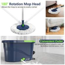 Spin Mop And Bucket With Wringer Set For Floors Cleaning Heavy Duty System, Green - 綠色拖把和水桶 + 3 個拖把頭 - 查看 7