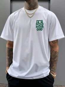 Men's Outdoor Sports Vintage "IT'S NEVER LUCK IT'S ALWAYS GOD" Graphic Breathable Casual T-Shirt, Suitable For Hiking, Fishing, Daily Wear, Spring/Summer