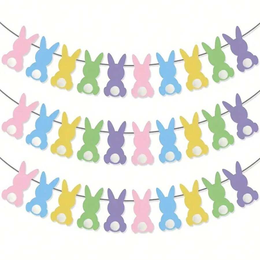1/3 件全新复活节马卡龙兔子绒球拉旗丝带，复活节派对装饰兔子绳，最适合复活节 - 查看 1