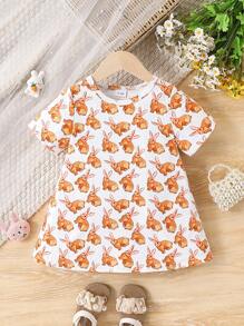 Baby Girls Rabbit Print Short Sleeve Dress, Cute Everyday Outfit For Outdoor And Easter