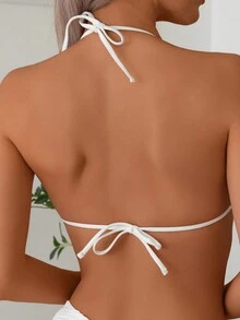 New Solid Color Wavy Floral Accent Fashionable Sexy Halter Two-Piece Bikini Set Swimwear For Women, For Summer Beach Vacation