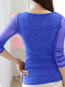 2025 Autumn/Winter New Women Long Sleeve T-Shirt, Versatile Fitted Metallic Mesh Lace Layering Top - Blue - View 3