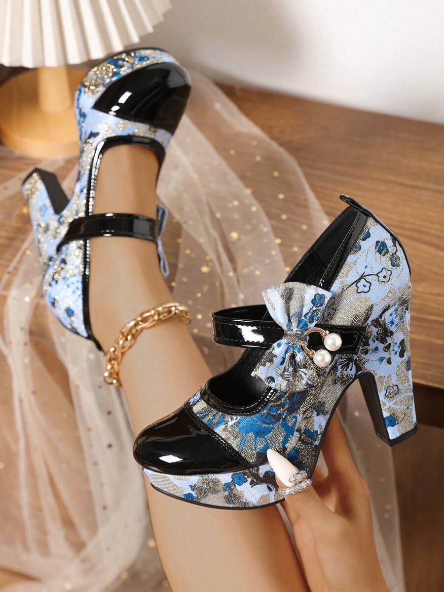 时尚休闲拼色圆头高跟鞋，蝴蝶结珍珠装饰，粗跟，透气百搭女士便鞋 - 藍色 - 查看 1