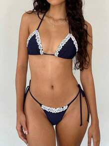 Women Y2k 2 Piece Bikini Set Halter Ruffle Trim Tie Up Bra Top With Side Tie Triangle Bikini Bottom Bathing Suit - Màu xanh quân đội - Xem 2