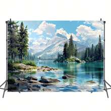 1pc Polyester Lake & Forest Landscape Photography Background Banner, Versatile Multi-Purpose, No Power Required, Suitable For Holiday Decoration - Multicolor - View 5