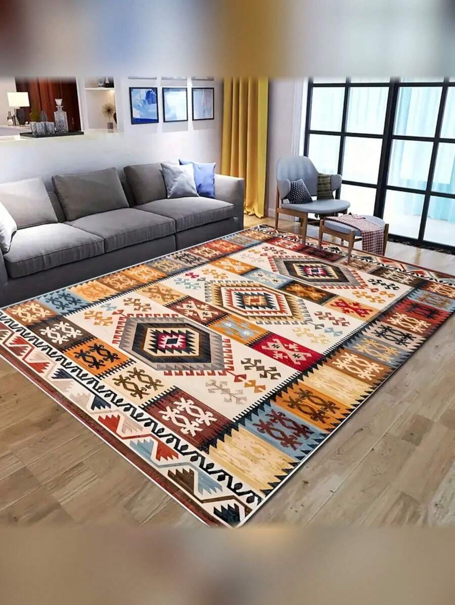 1pc Ultra Soft Crystal Velvet Rug - Vintage Style Bohemian Carpet, Soft, Anti-Slip, Machine Washable Polyester Mat With Colorful Geometric Pattern