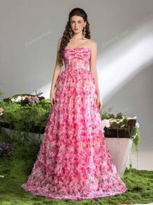 Faeriesty Robe de soirée élégante sans bretelles avec fleurs, fermée par un lien ajustable dans le dos et une coupe évasée. Une tenue de soirée intemporelle pour les galas, réceptions de mariage, dîners de gala, tapis rouge et grandes célébrations