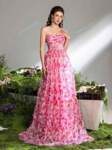 Faeriesty Robe de soirée élégante sans bretelles avec fleurs, fermée par un lien ajustable dans le dos et une coupe évasée. Une tenue de soirée intemporelle pour les galas, réceptions de mariage, dîners de gala, tapis rouge et grandes célébrations