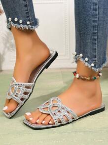 Dames Zomer Nieuwe Platte Pantoffels, Bandjes Strass Sandalen, Modieuze Veelzijdige Slides