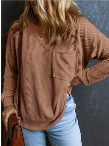 CILKOO Women's Casual V-Neck Solid Color Twist Knot Long Sleeve T-Shirt, Suitable For Spring To Summer Transition - Brown - View 1
