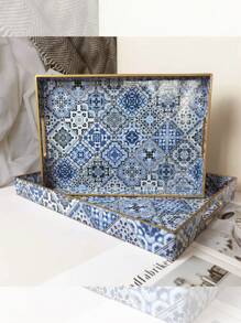 Bandejas decorativas de estilo bohemio azul de plástico con asas para decoración de mesa de café, bandeja de almacenamiento de escritorio para joyas, perfumes, organizador de bandejas otomanas estilo boho, accesorios de cocina, decoración de cocina, bandeja para frutas