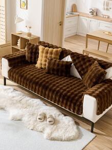 1pc Creamy Plush Rabbit Sofa Cushion, Thick Anti-Slip Sofa Cover, Suitable For Home Living Room Bedroom Office, All Seasons - Coffee Brown - View 5