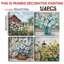 1/4 件浴室墙壁装饰木框印刷墙面艺术图片农舍墙壁艺术破旧别致的花篮艺术品既是礼物，也是墙壁装饰，可悬挂在办公室海报卧室餐厅厨房客厅