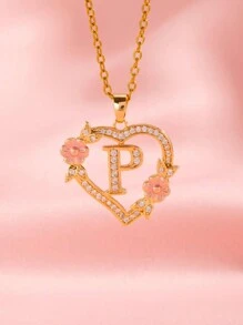 1 件心形花卉字母项链个性化心形花卉 26 个字母吊坠项链适合女孩的生日