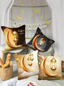4 Pieces Set Ramadan Pillow Cover - Golden Gray Background Golden Crescent Moon Lamp, Multi-Size Printed Ramadan Throw Pillow Covers, Zipper, Machine Washable, Polyester, Suitable For Any Room Printed Pillow Cover Indoor Outdoor Washable Pillowcase, Home Decor, Bedroom Sofa Chair Pad Cover