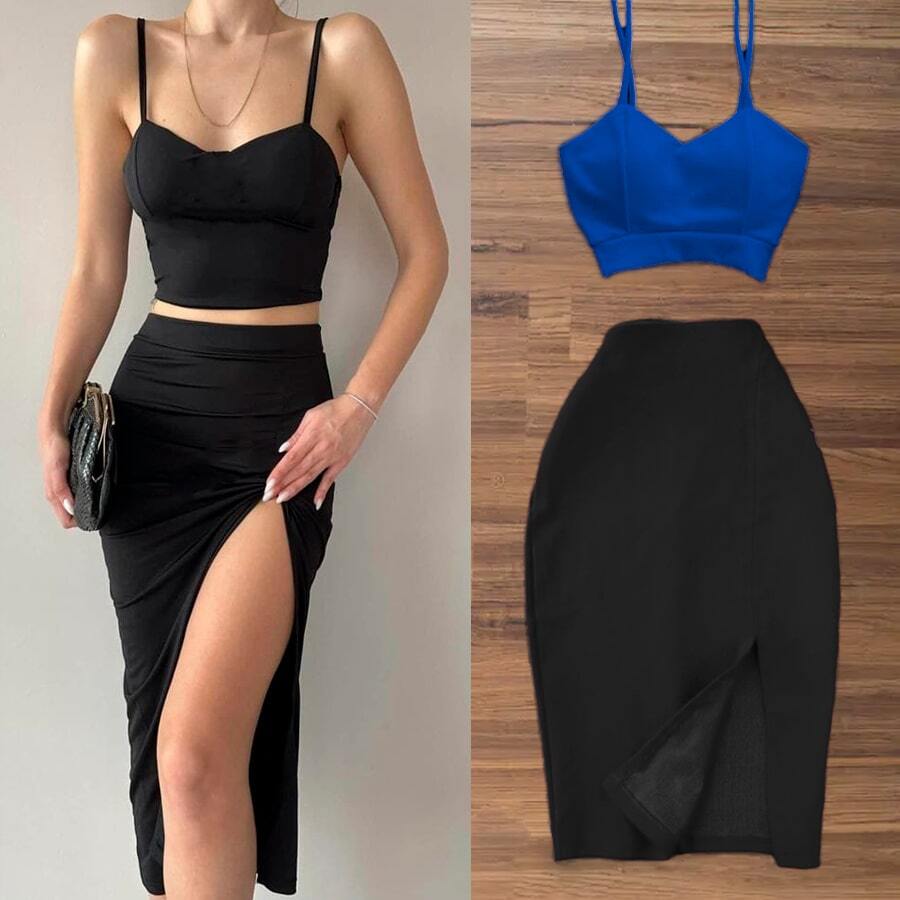 Conjunto falda y top tirantes corte ajustado abertura femenina moderno - azul real - Ver 1