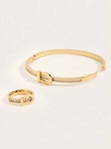 2件套18K镀金不锈钢立方氧化锆手链戒指套装，女士珠宝，婚礼派对，约会礼物 - 金黃色 - 查看 5
