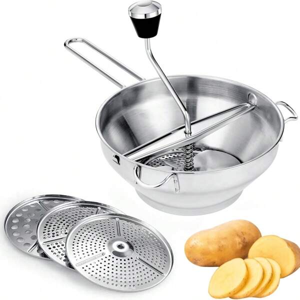Moulin à aliments STARLEY en acier inoxydable avec 3 disques interchangeables, broyeur manuel de légumes pour soupe, confiture, purée de bébé, porridge