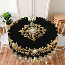 1pc Black With Golden Edge Pearl Totem Print Round Tablecloth, Waterproof Colorful Patio Dining Table Cover, Vintage Tapestry Curtain Shawl Scarf Picnic Mat Suitable For 63-Inch Tables