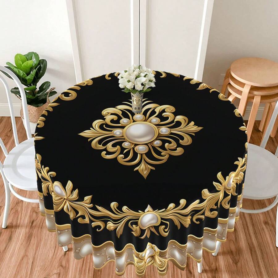 1pc Black With Golden Edge Pearl Totem Print Round Tablecloth, Waterproof Colorful Patio Dining Table Cover, Vintage Tapestry Curtain Shawl Scarf Picnic Mat Suitable For 63-Inch Tables