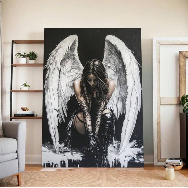 Fallen Angel Canvas Painting, Black And White Art, Feathered Wings, Intricate Details, Wall Decor