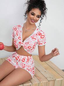 2pcs/Set Valentine's Day Pink Lip Print Pajama Set - Pink - View 5