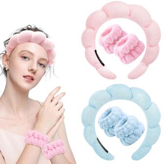 1/2/3pcs Solid Bath Headband & Bath Wrist Band Set, Women's Toiletry Set, Face And Moisture-Proof Hair Bands, Makeup Remover, Makeup Headbands, Wristbands, Waterproof Flow Into Clothes, Random Color.