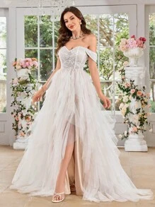 UNITHORSE UNITHORSE Women's Off Shoulder Lace Applied & Mesh Patchwork Asymmetrical Hemline White Wedding Party Bridesmaid Dress, All White Party Outfit Women