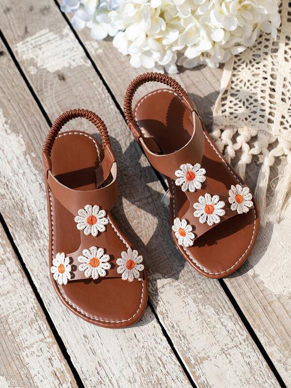 1 par de sandálias rasteiras com decoração floral primavera/verão para meninas, PU macio, confortável, elástico, calçado casual estilo princesa, versátil e moderno para crianças de 3 a 14 anos, crianças, estudantes, ao ar livre, férias, praia