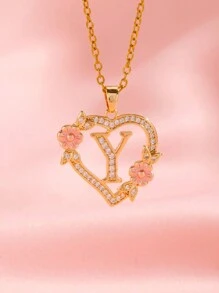 1 件心形花卉字母项链个性化心形花卉 26 个字母吊坠项链适合女孩的生日