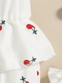 Summer Baby Girls' Cute Cherry Print Bodysuit & Floral Lace Sun Hat & Bow Socks 3pcs Outfit Set - White - View 5