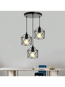 CANMEIJIA Vintage Style 3-Head Diamond Pendant Lamp, Black Color, E26/E27 Bulb Long Bar/Round Disk Hanging Light, Adjustable Length, Suitable For Home, Room, Exhibition, Reading, Dining, Bar, Bedroom, Coffee Shop, Kitchen Island - Black - View 2