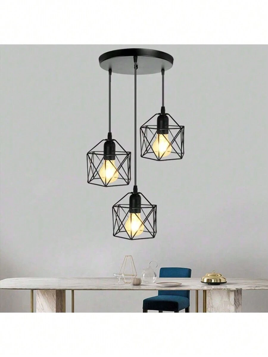 CANMEIJIA Vintage Style 3-Head Diamond Pendant Lamp, Black Color, E26/E27 Bulb Long Bar/Round Disk Hanging Light, Adjustable Length, Suitable For Home, Room, Exhibition, Reading, Dining, Bar, Bedroom, Coffee Shop, Kitchen Island