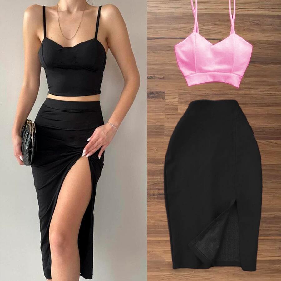 BLACK TOP AND SKIRT WITH LEG SLIPPING Fitted Strappy Top - Baby Pink - View 1