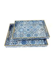 Bandejas decorativas de estilo bohemio azul de plástico con asas para decoración de mesa de café, bandeja de almacenamiento de escritorio para joyas, perfumes, organizador de bandejas otomanas estilo boho, accesorios de cocina, decoración de cocina, bandeja para frutas