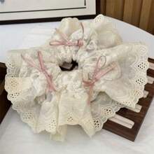 1 st. Strik Scrunchie, Schattig roze lint haarelastiekje voor dames, Balletstijl mesh borduurwerk, Romantische kant rand haarspeld, Elegante schattige knot haaraccessoire, Geschikt voor dagelijks leven, Vakantie, Feestdagen