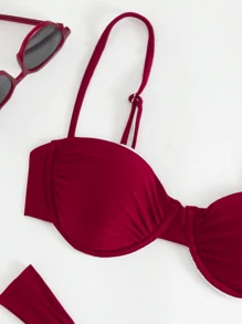 新款纯色欧美风比基尼套装，度假及夏季海滩优雅之选 - 酒紅色 - 查看 3