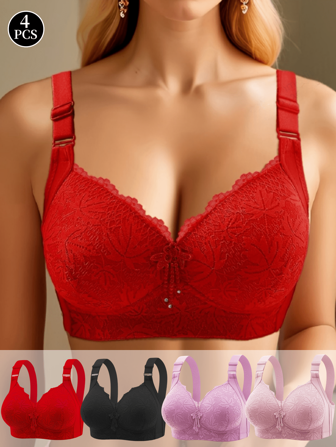 4pcs Set Chinese New Year Red Lace Trim Wireless Soft Cup Bras, Side Support