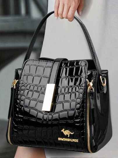 Women's Patent Leather Handbag, High-Quality Interior Pockets Genuine Leather Bucket Bag, Women's Shoulder Bag, Luxury Brand Crossbody Bag, Gift For Women