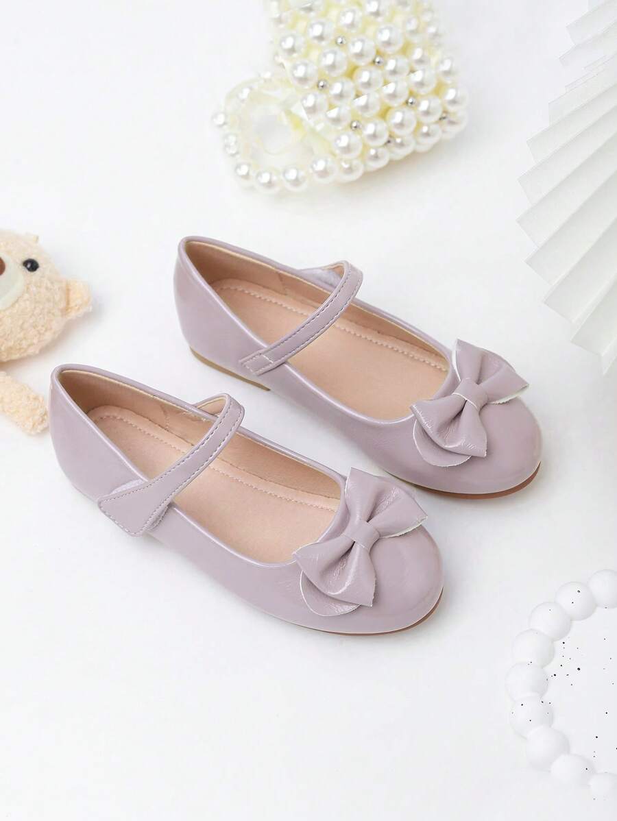 Girls Silver Bowknot Cute Princess Flat Shoes, Big Kids Casual Slip-On Ballet Flats For School, Performance, And Dancing - Purple - View 1