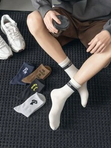 5 双春夏季休闲男士中长袜，时尚字母图案男士袜子，条纹图案中筒袜 - 彩色 - 查看 3