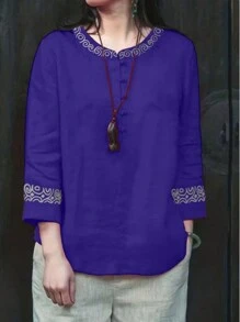 Áo thun dệt cổ tròn màu khối cho nữ mặc đi nghỉ thường ngày - màu tím đậm - Xem 1