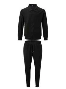 休闲春季服装，男士两件套，包括拉链口袋领夹克和宽松长裤，秋季服装