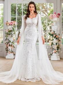 UNITHORSE 女士甜心领大灯笼袖亮片刺绣蕾丝网布白色鱼尾婚纱礼服，新娘全白派对服装女士 - 白色 - 查看 3