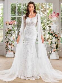 UNITHORSE UNITHORSE Women's Sweetheart Collar Big Lantern Sleeve Sequin Embroidery Lace Mesh Patchwork White Fishtail Wedding Dress Gown,Bride, All White Party Outfit Women